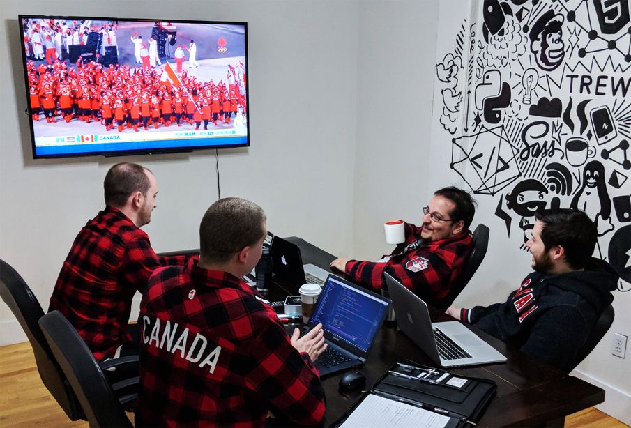 The Trew Knowledge team watching the Opening Ceremonies of the 2018 Olympic Winter Games in PyeongChang.