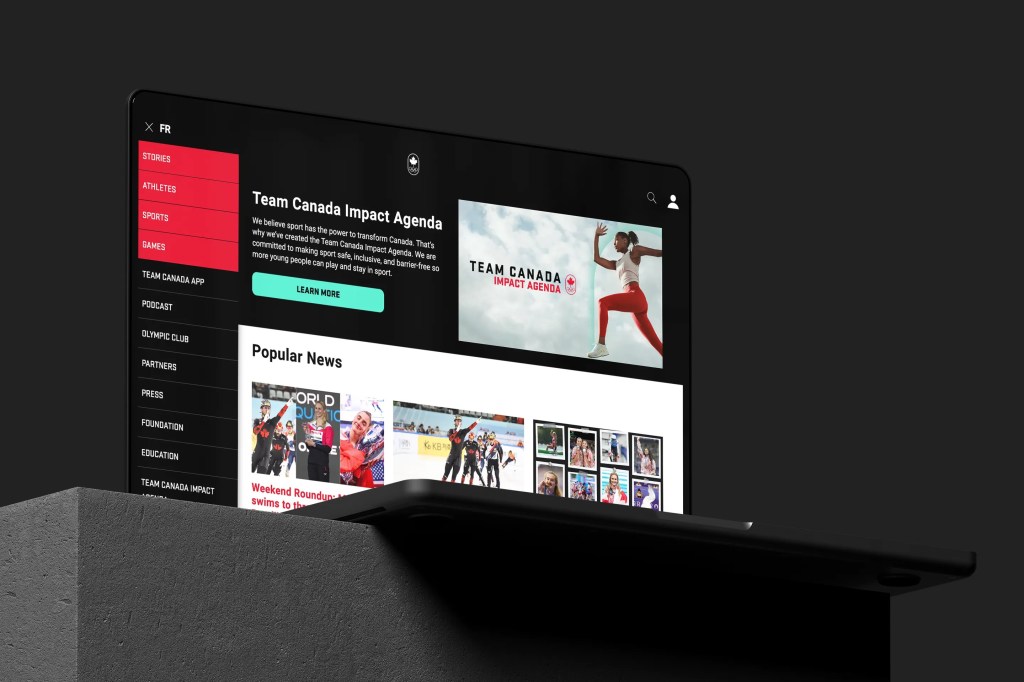 A laptop screen displays the Team Canada website featuring the "Team Canada Impact Agenda" with a female athlete in red leggings mid-jump. The sidebar menu includes categories such as Stories, Athletes, Sports, and Games, with the language toggle set to French (FR).