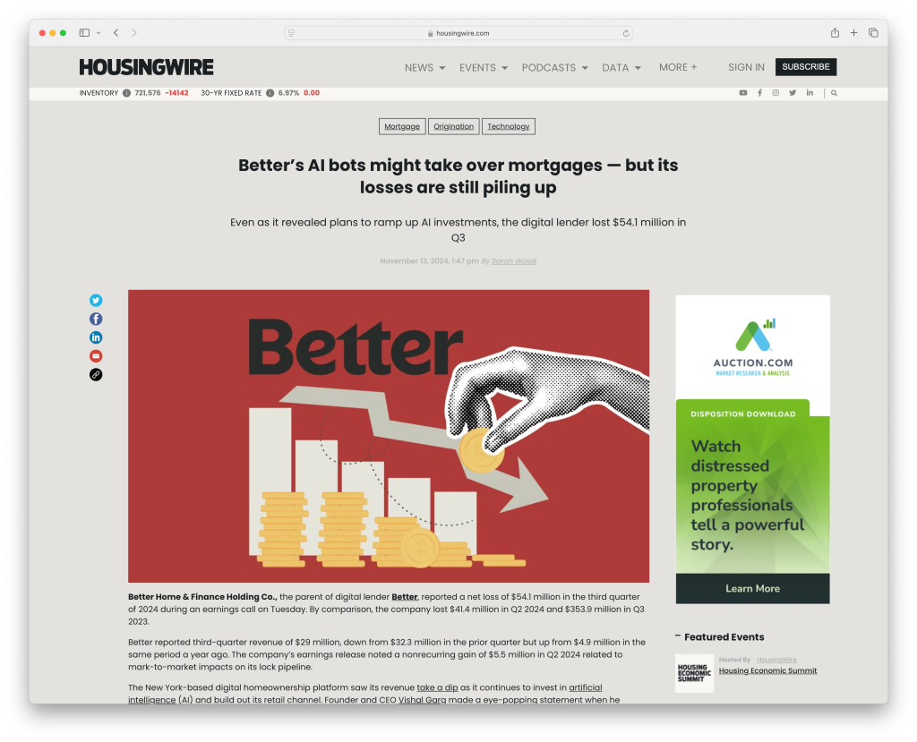A HousingWire article page titled "Better’s AI bots might take over mortgages — but its losses are still piling up." The page features a bold red graphic of a hand placing a coin into a declining bar chart, with article text and tags below.