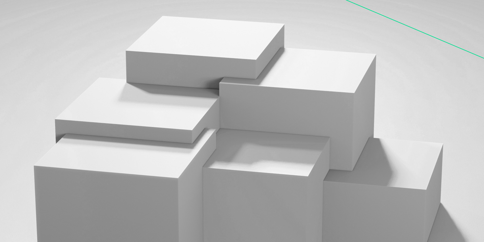 Minimalist 3D rendering of six white blocks arranged in a staggered formation on a light grey background, casting soft shadows.