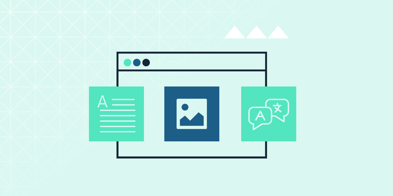 Graphic showing a browser window containing an image icon in the center, flanked by icons representing text content and multilingual translation on a pale geometric background.
