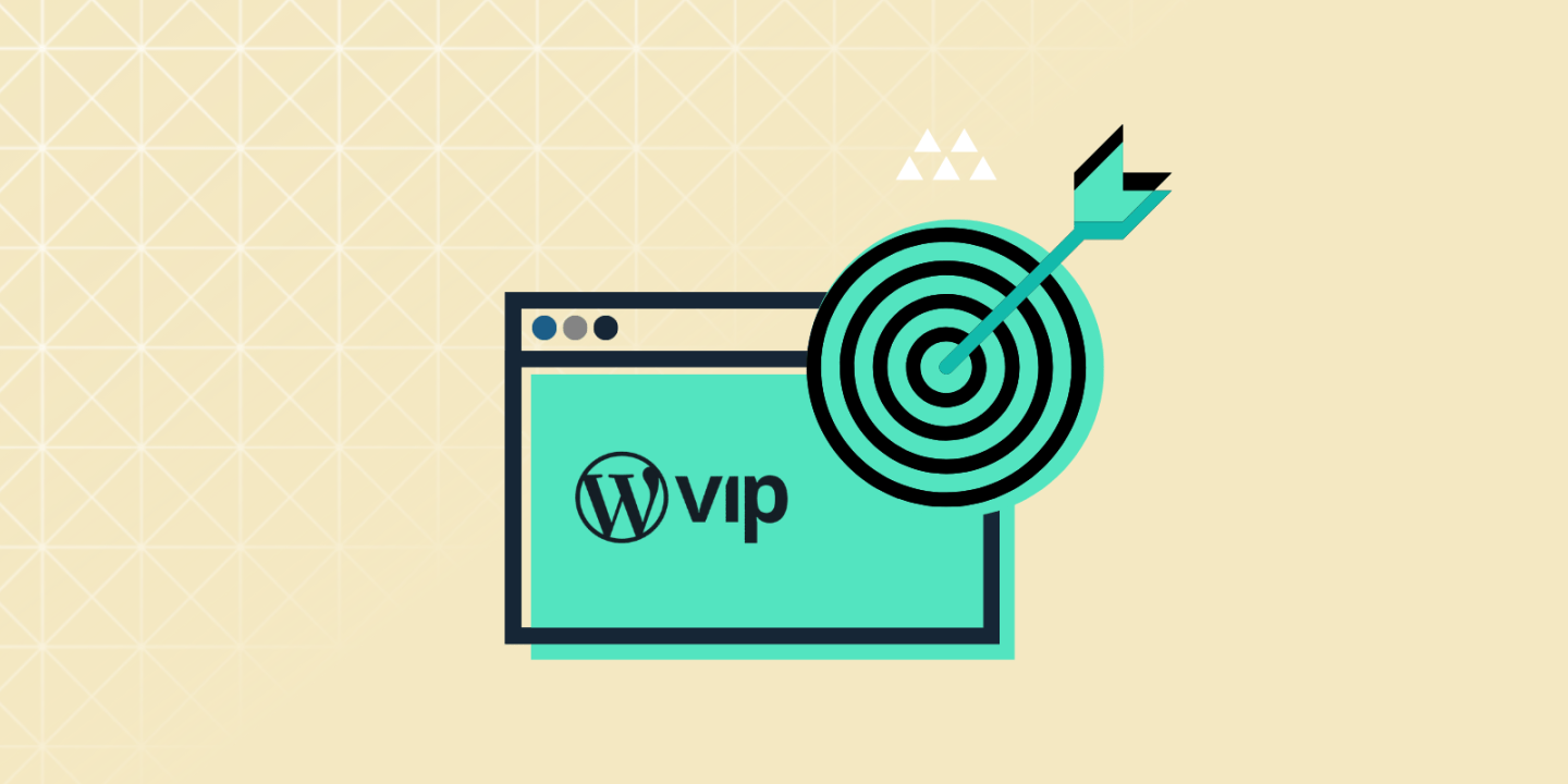 Illustration of a browser window featuring the WordPress VIP logo, with a target and arrow overlay symbolizing precision and strategic focus on a light yellow geometric background.