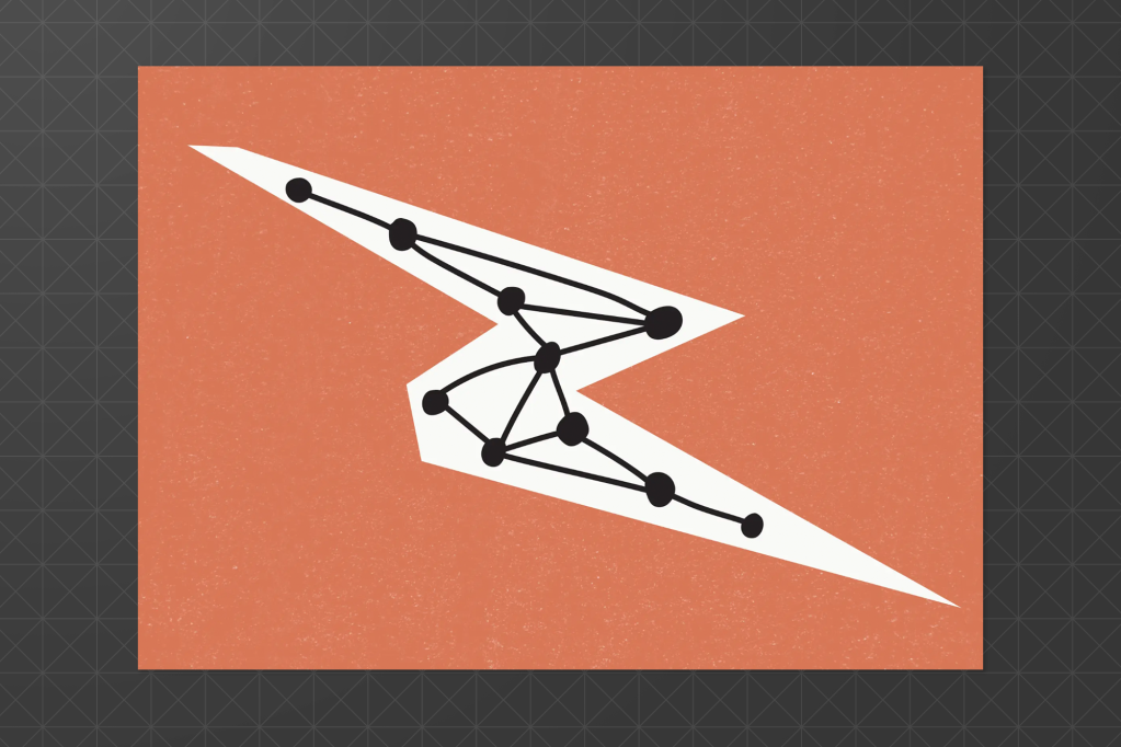 Abstract visual of a lightning bolt filled with interconnected graph nodes and edges on a terracotta background.