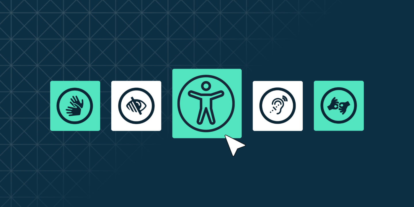 Interface with five accessibility icons on a dark geometric background, including symbols for mobility, visual, auditory, cognitive, and general accessibility. A cursor hovers over the central universal accessibility icon.
