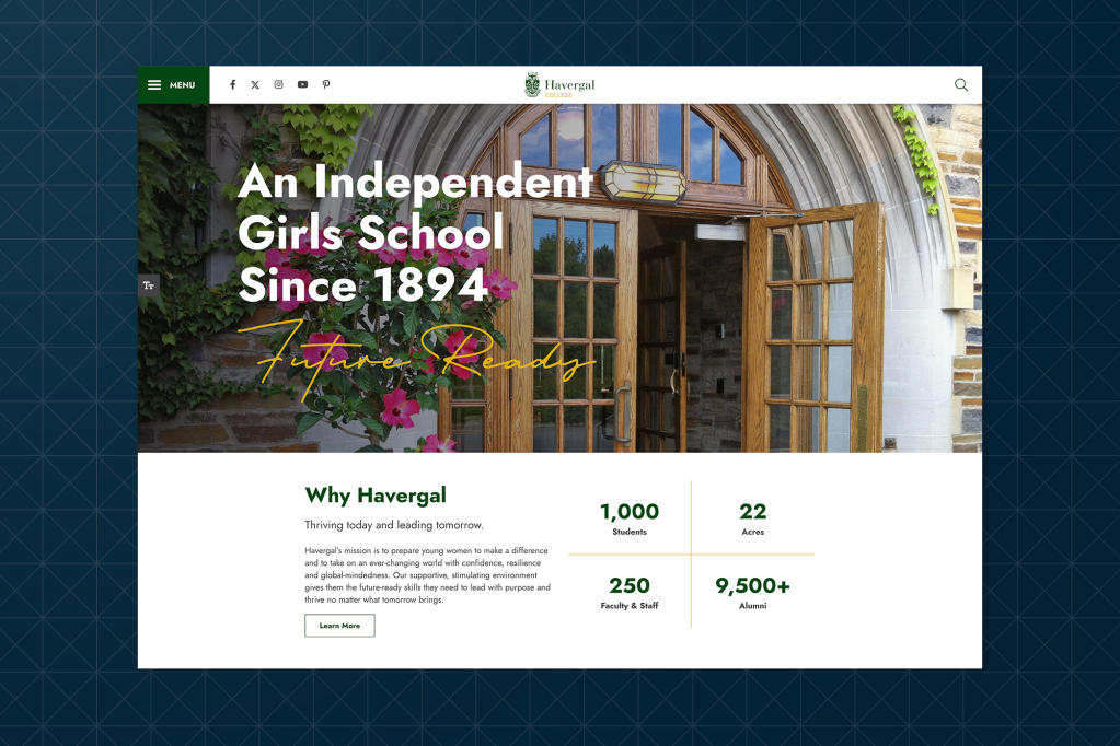 Homepage of Havergal College’s website displayed on a screen, featuring the headline 'An Independent Girls School Since 1894 – Future Ready', with a photo of a wooden door entrance framed by flowers and stone architecture. Below, statistics highlight students, staff, and alumni.