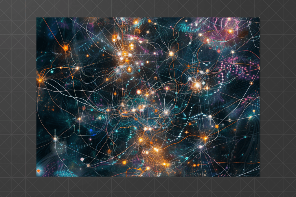 Digital abstract art representing a neural network, with multicoloured light nodes and interconnected strands.