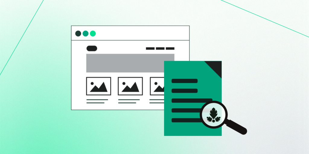 Illustration of a webpage layout beside a green document with lines representing text, viewed through a magnifying glass displaying a leaf symbol, representing Parse.ly's logo.