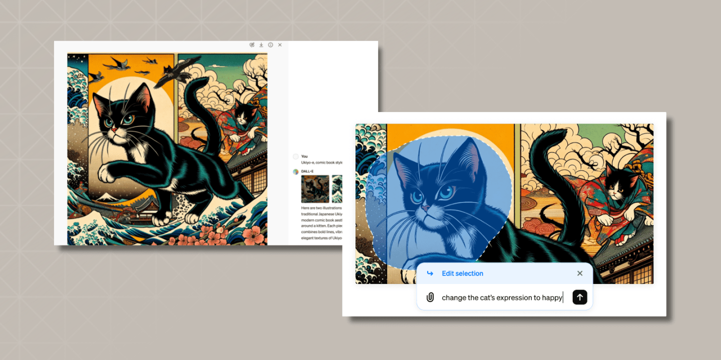 Two-panel interface showing the DALL·E editing feature; on the right, a selected area over the cat’s face and the prompt “change the cat’s expression to happy” is typed in.