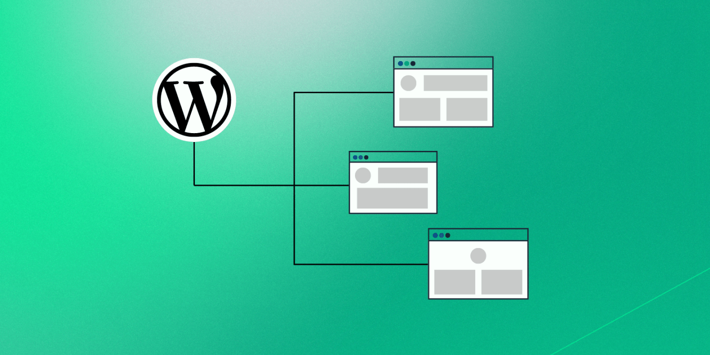 Illustration of the WordPress logo connected by lines to three browser windows, each representing different websites or dashboards, symbolizing a WordPress multisite network on a green gradient background.