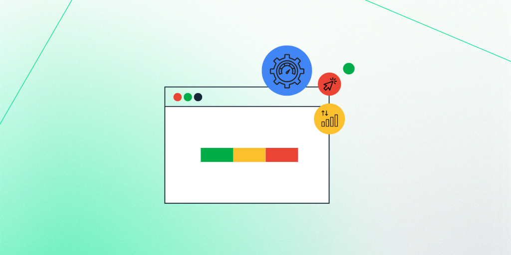 Illustration of a web browser window displaying a green-yellow-red performance bar, surrounded by icons representing speed optimization, user interaction, and analytics, on a light green gradient background.