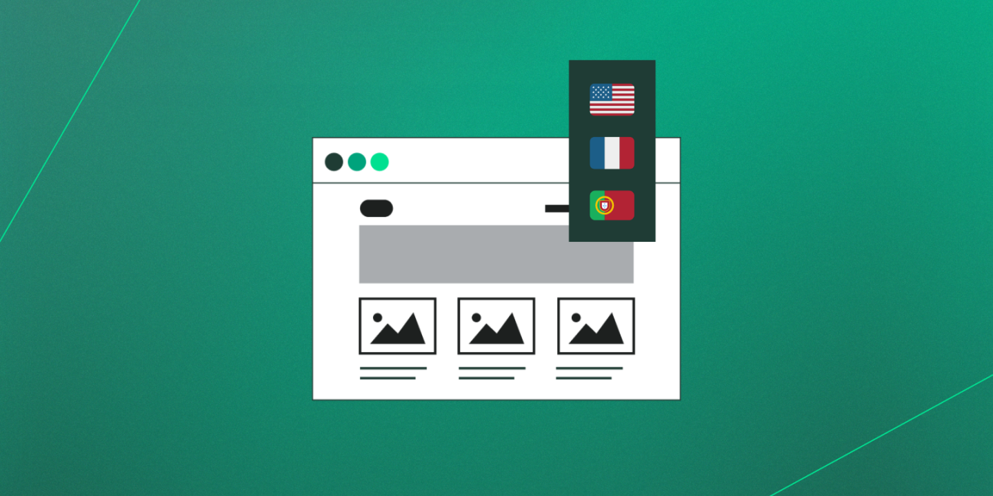 Illustration of a website interface with a dropdown language selector showing the flags of the United States, France, and Portugal, indicating multilingual support for a website.