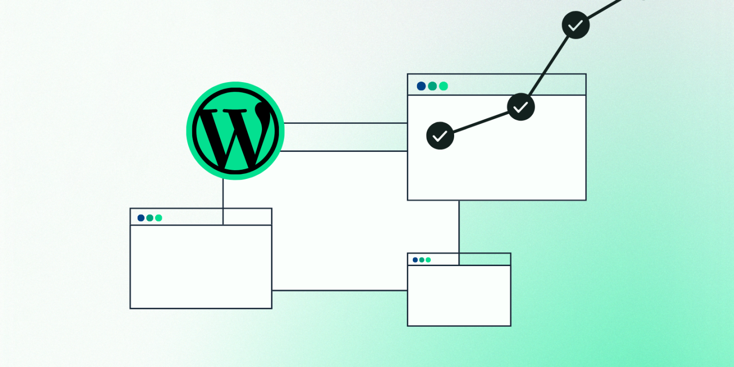 Illustration of interconnected browser windows with a central WordPress logo, representing a networked system or multisite structure. A rising line graph with checkmarks indicates growth or performance tracking.
