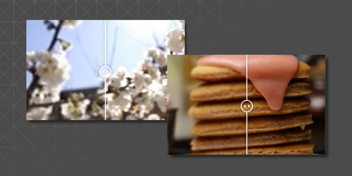 Side-by-side split view showing before and after clarity enhancement. Left: blurry image of blooming white flowers. Right: blurry image of stacked pancakes with syrup on top, transitioning to a sharper version.