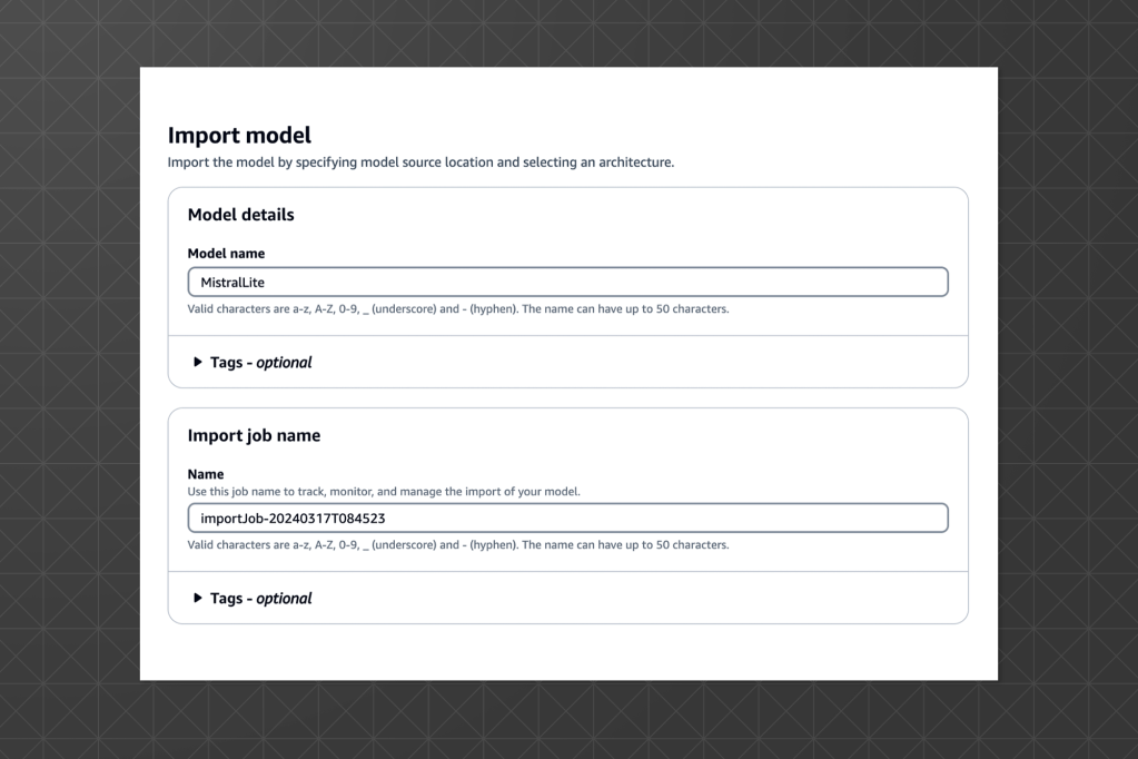 Screenshot of a model import interface with fields for entering model name and import job name. The model name is 'MistralLite' and the job name includes a timestamp.