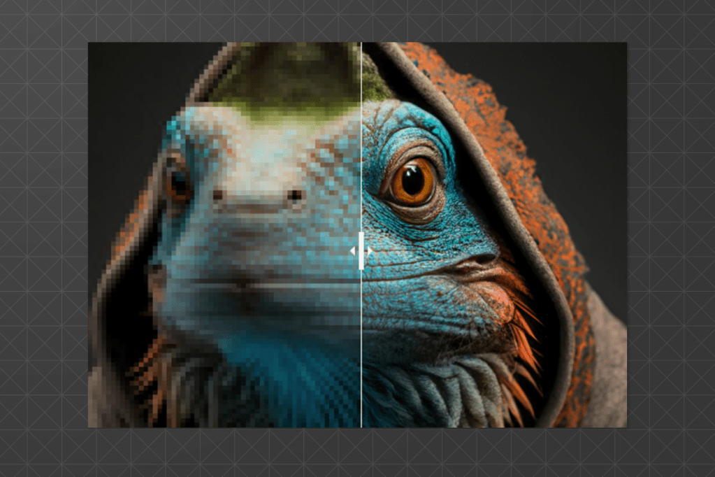 Side-by-side comparison of a lizard's face wearing a hood. The left side is pixelated and low-resolution, while the right side is a high-resolution, detailed rendering.