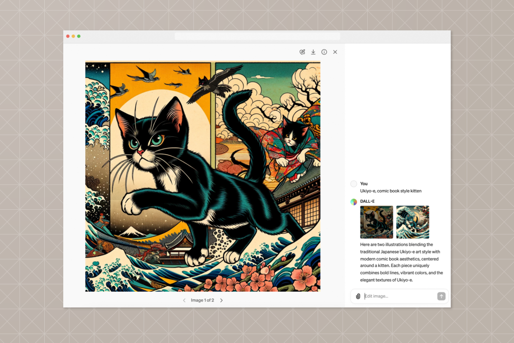 Screenshot showing a DALL·E-generated illustration of a kitten in a vibrant Japanese Ukiyo-e comic book style, surrounded by waves, birds, and traditional architecture.
