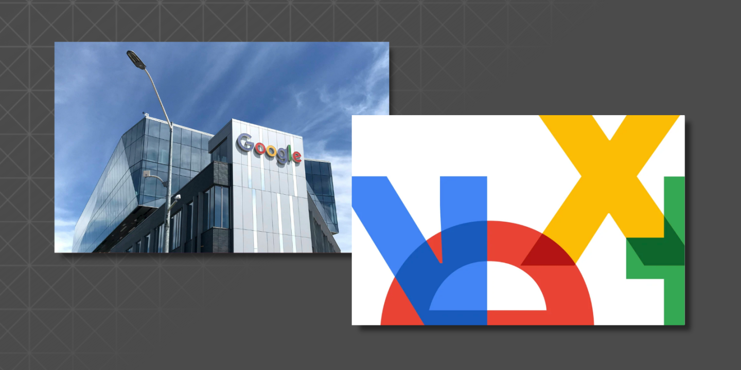 Two images side by side: one shows the exterior of a Google office building with the Google logo, and the other displays colourful abstract shapes representing the Google I/O branding.