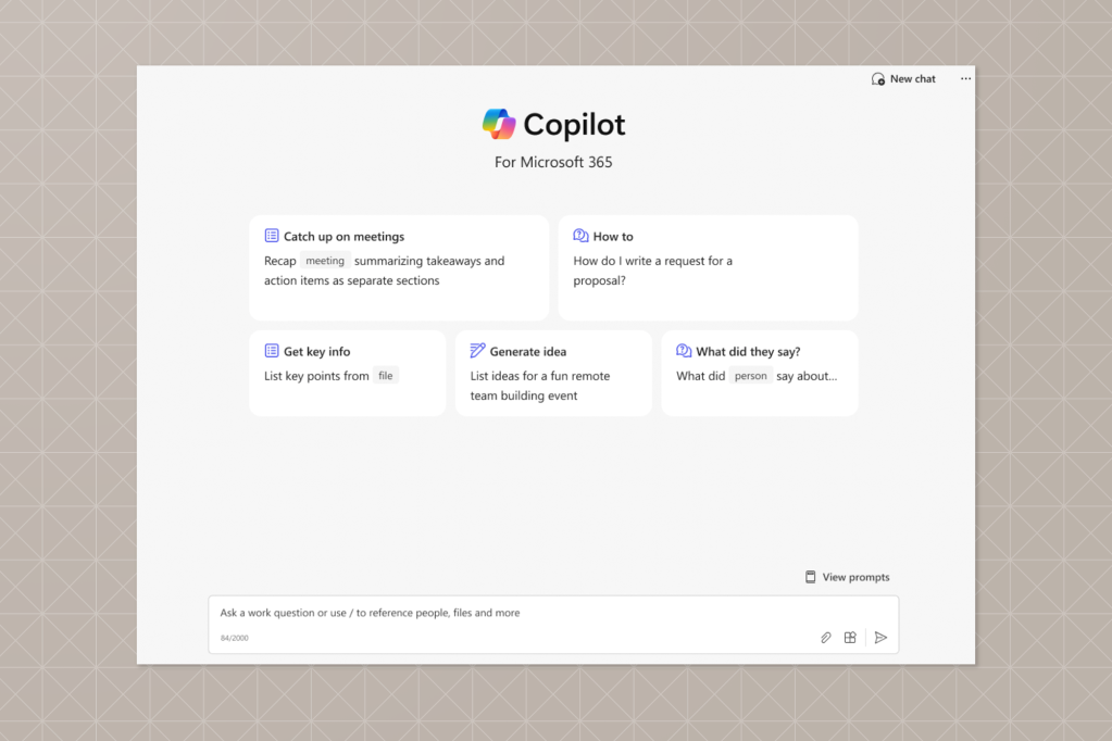 Screenshot of the Microsoft 365 Copilot interface showing AI-powered task options like “Catch up on meetings,” “Get key info,” “Generate idea,” and “What did they say?”