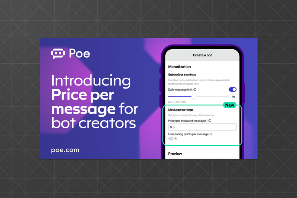 Promo graphic for Poe.com showcasing a new feature that allows bot creators to set a price per message. Includes a smartphone screen showing monetization settings like daily message limits and earnings.