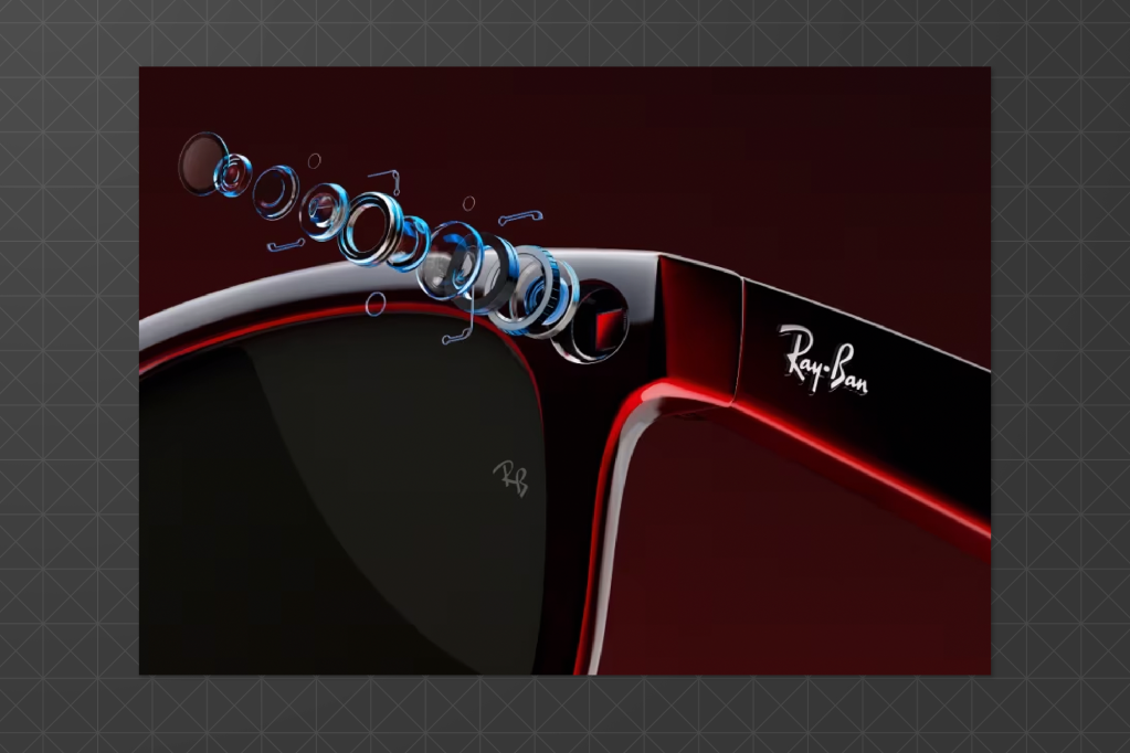 Illustration of Ray-Ban smart glasses with exploded view of camera lens components emerging from the frame, highlighting its tech-enabled design.