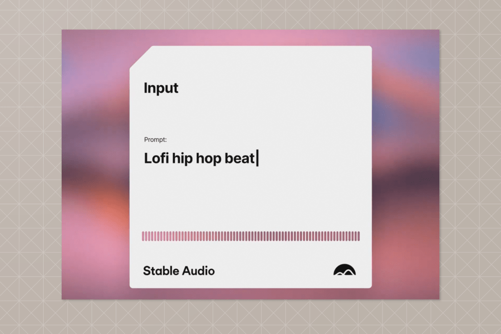 Interface of Stable Audio with the prompt “Lofi hip hop beat” entered, suggesting generation of music based on the input over a blurred purple and pink background.