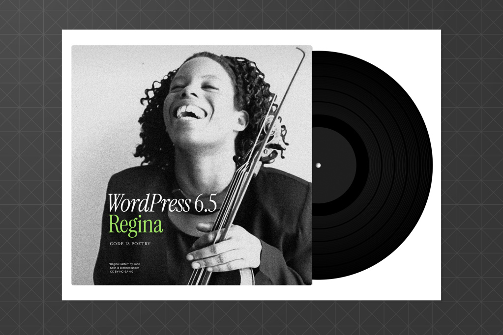 Vinyl record-style cover featuring jazz violinist Regina Carter smiling and holding her instrument, with the text “WordPress 6.5 Regina” and the phrase “Code is Poetry."