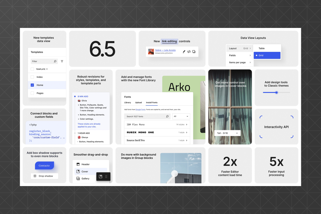 Visual grid summarizing WordPress 6.5 features including new templates data view, font library, link editing controls, interactivity API, improved block shadows, image control tools, and performance improvements like faster editor load time.