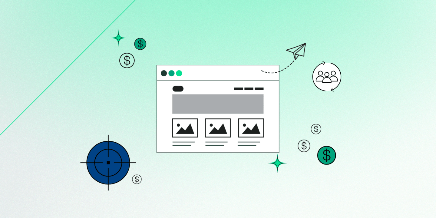 Illustration of a web page layout surrounded by icons representing digital marketing and monetization — including dollar signs, a target, a paper plane, and a user group — symbolizing website revenue generation, user targeting, and audience engagement.