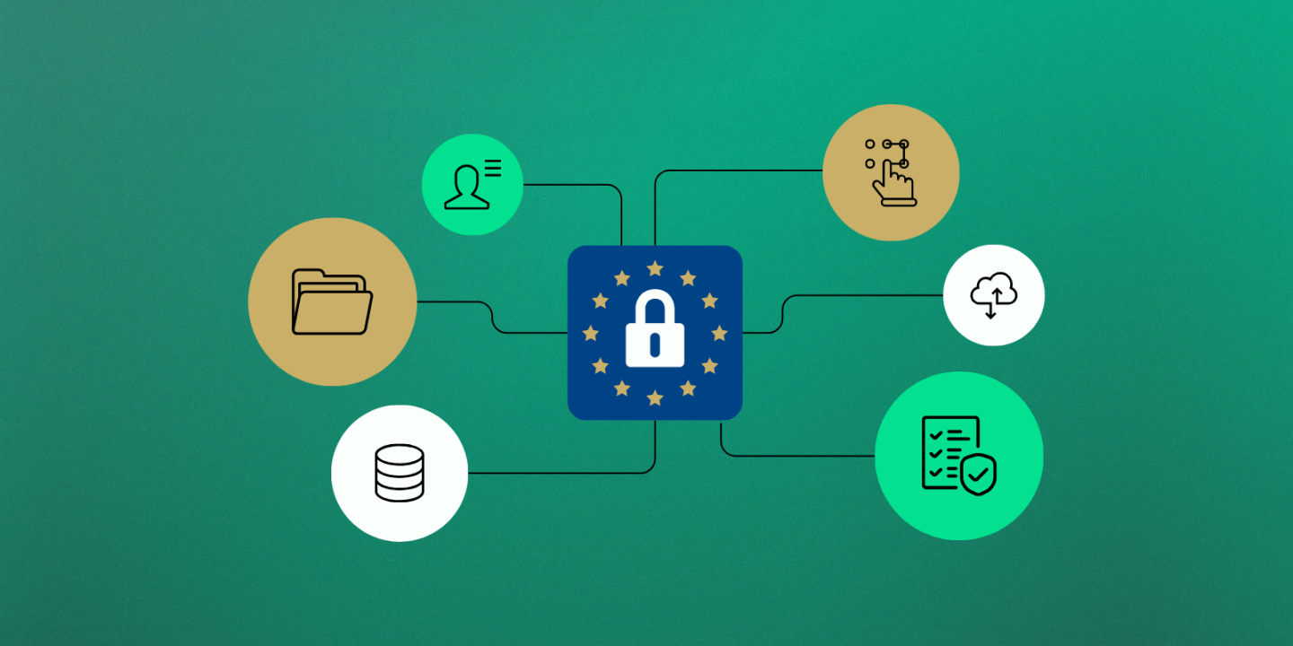 Illustration of a security-themed graphic with a central blue lock icon surrounded by yellow stars, representing GDPR. The lock is connected to various icons symbolizing data privacy components like user information, cloud storage, data folders, compliance checklists, and interaction design.