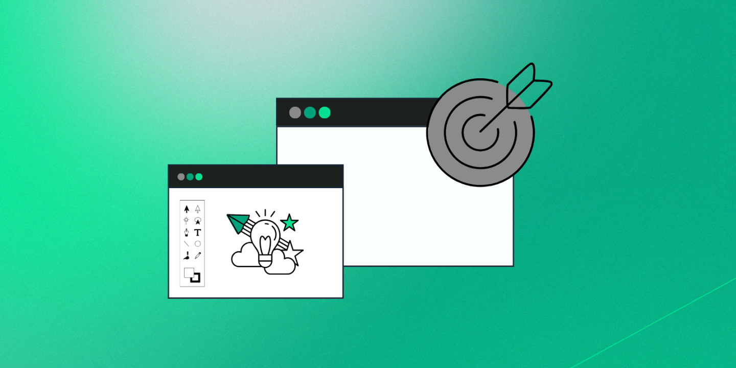 Two stylized browser windows on a green gradient background—one featuring creative design tools and a lightbulb illustration, the other blank with a grey target and arrow symbol overlayed, representing the intersection of creativity and goal-oriented design.
