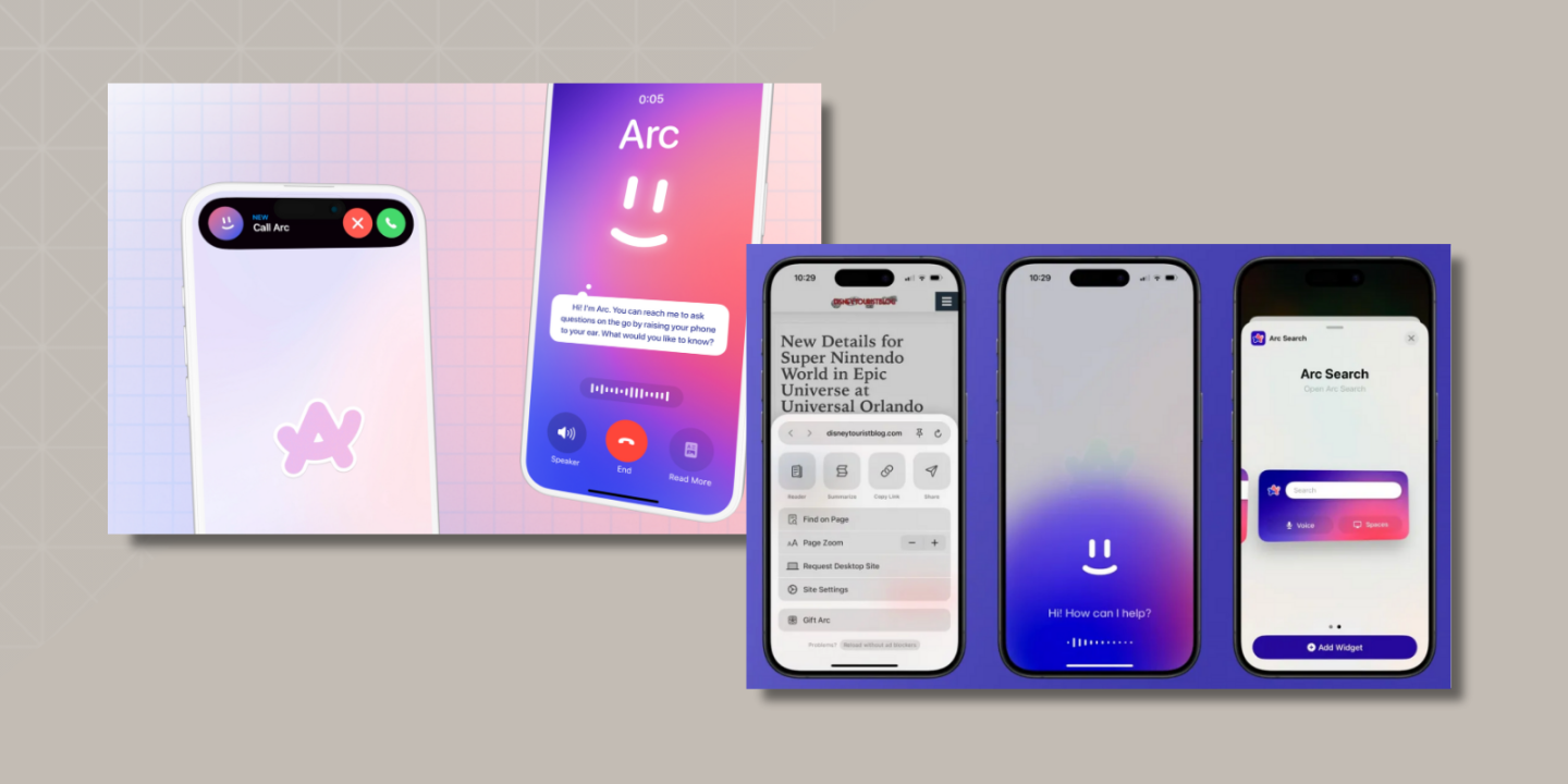 Two smartphones display Arc Search’s voice assistant interface. The left phone shows an incoming call labeled "Call Arc" with a pastel background and the Arc logo. The right phone displays an ongoing call with Arc, showing a friendly smiley face icon and text that reads: “Hi! I'm Arc. You can reach me to ask questions on the go by raising your phone to your ear. What would you like to know?”