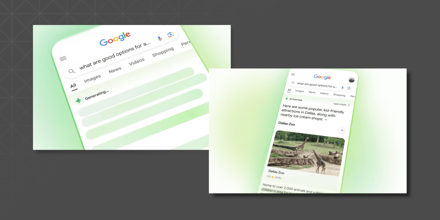 Two mobile screens showing Google search results: one with a generating AI overview and the other with populated recommendations.