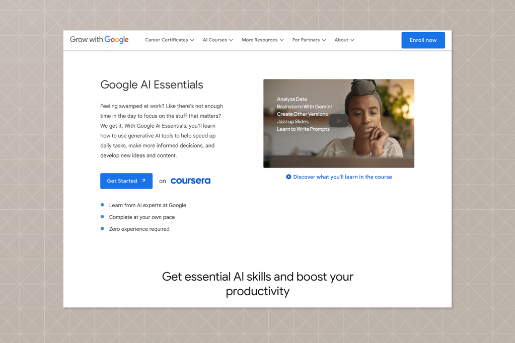 Coursera landing page for the Google AI Essentials course featuring a woman working on a laptop and a prompt to enroll for AI productivity skills training.