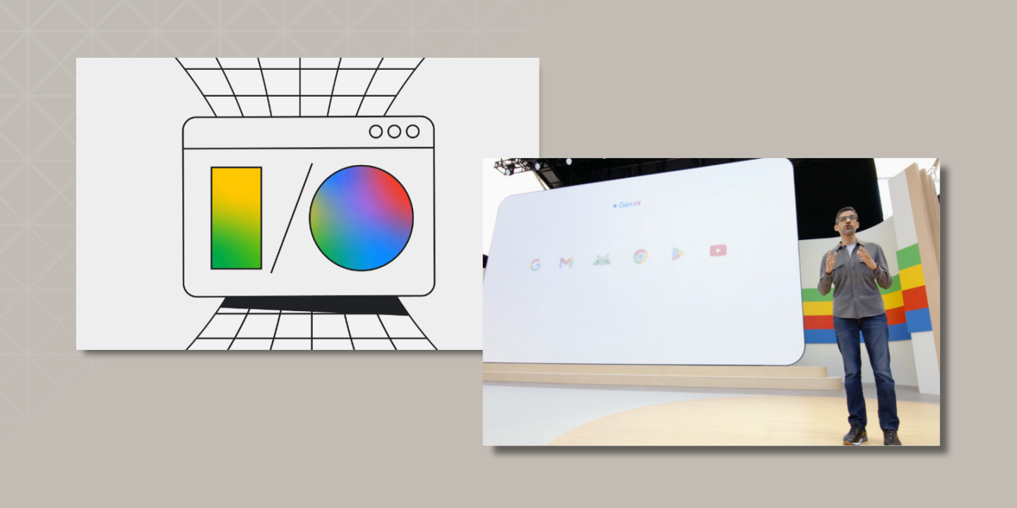 Split-screen graphic showing the Google I/O logo on the left and a speaker presenting on stage in front of Google app icons on the right.