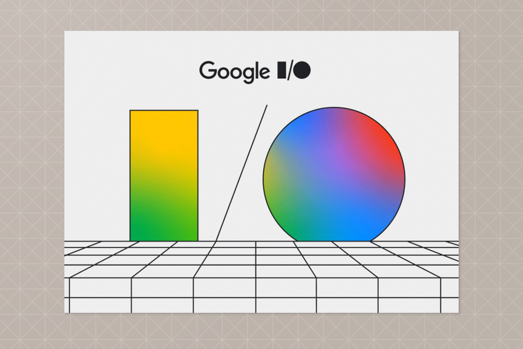 Stylized Google I/O 2024 branding with a yellow-green rectangle and a rainbow-gradient circle on a grid background.