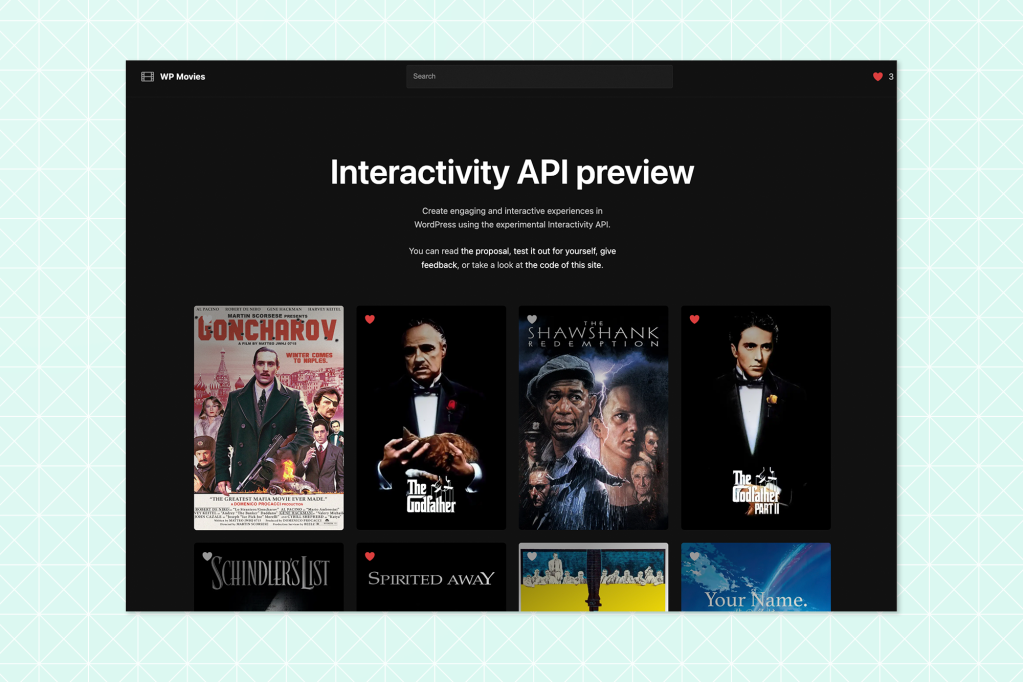 Screenshot of a WordPress demo site titled 'Interactivity API preview' showcasing movie posters like The Godfather, Spirited Away, and The Shawshank Redemption, with features for liking and interacting with the content.