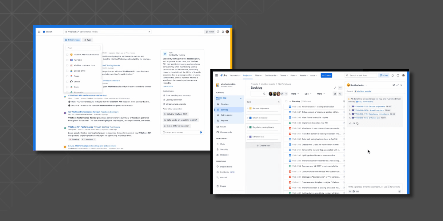 Side-by-side screenshots of productivity tools—one showing search results across integrated platforms, the other showing a task backlog in a project management interface.