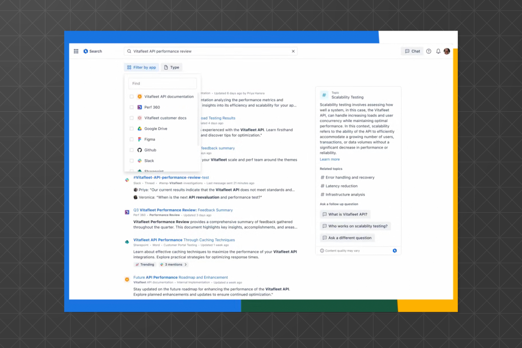 Search results for "Vitafleet API performance review" showing integrated documents from apps like Google Drive, Figma, and GitHub with AI-powered topic summaries.