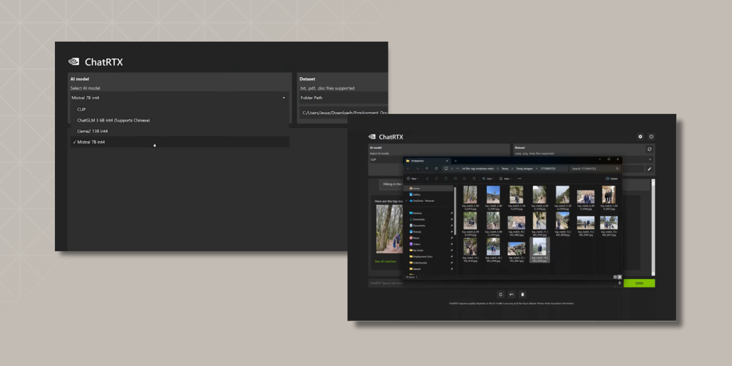 ChatRTX interface with dropdowns for selecting AI models like Mistral, CLIP, ChatGLM, and LLaMA, along with a folder path showing document selection, hinting at a locally run AI assistant.