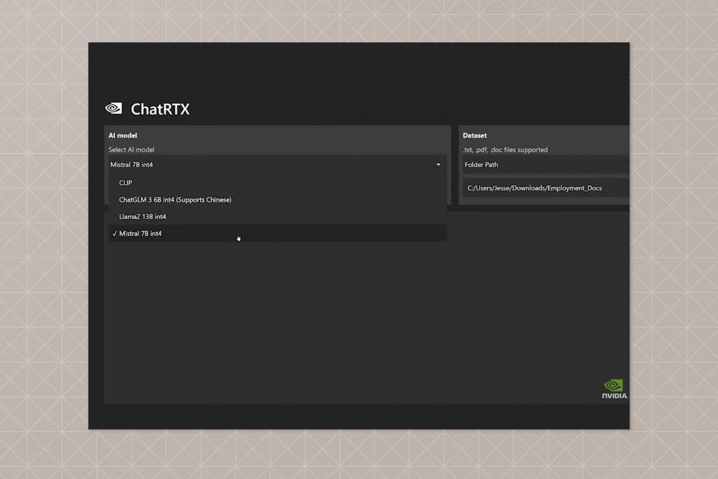 Enlarged view of ChatRTX UI with Mistral 7B model selected and a dataset path pointing to a folder named "Employment_Docs", emphasizing document-based AI interaction.
