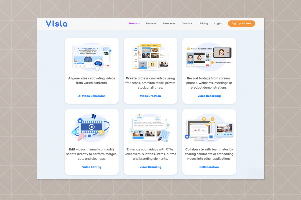 Visla AI platform interface showing various video solutions including AI video generation, editing, branding, recording, and team collaboration, with illustrated icons and tool descriptions.