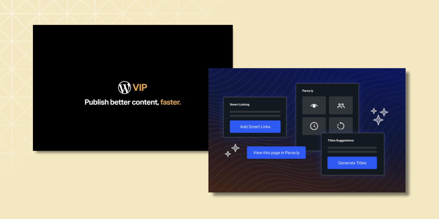 Side-by-side images showing WordPress VIP branding and Parse.ly’s AI-powered features like smart linking and title generation on dark-themed UI panels.
