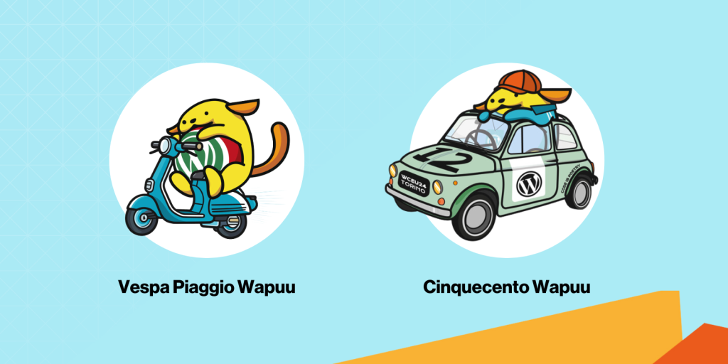 Two illustrated WordPress Wapuu mascots in Italian-themed vehicles: one riding a Vespa Piaggio scooter and the other driving a vintage Fiat 500 with 'WCEU24 Torino' on the license plate.