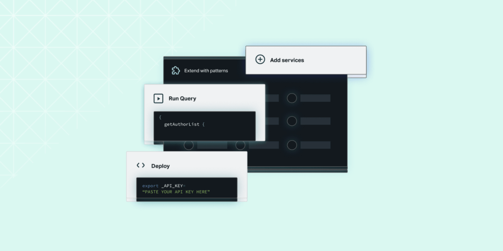 Interface elements showing steps in a development workflow: options to "Add services," "Run Query" with a sample GraphQL snippet getAuthorList, and "Deploy" with a placeholder for an API key. The background includes a dark UI with radio buttons and the label "Extend with patterns."