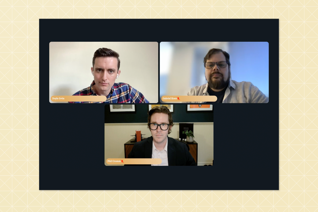 Screenshot of a virtual meeting featuring three speakers – Doyle Irvin, Gabriel Koen, and Phil Crumm – in individual video windows.
