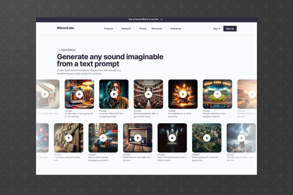 ElevenLabs web interface showcasing AI-generated sound effects from text prompts. The page displays various sound prompts like “an 80s alarm clock,” “a woman screaming,” and “roaring applause,” each with a corresponding thumbnail and play button for previewing the audio.