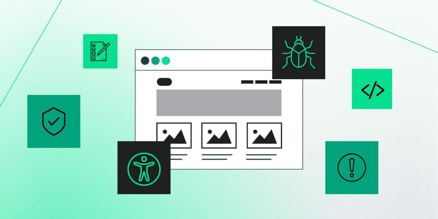 Illustration of a web browser window surrounded by various development and QA-related icons. The icons represent security, accessibility, bug tracking, coding, alerts, and checklists. The background is a light green gradient with thin diagonal lines, evoking a focus on website quality and reliability.