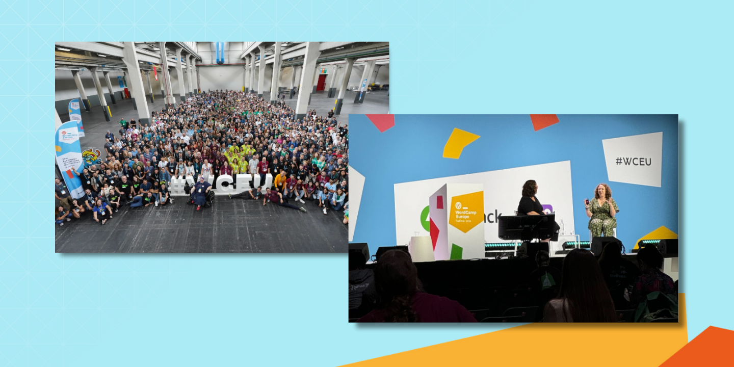 Two photos from WordCamp Europe (#WCEU). The left image shows a large group photo of attendees in a spacious hall, with people gathered around a giant "#WCEU" sign. The right image captures a stage session where two speakers are engaged in a discussion in front of a colourful backdrop that includes the #WCEU hashtag and conference branding.