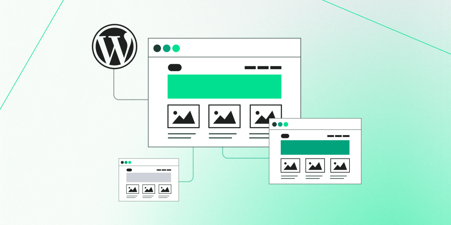 Illustration of the WordPress logo connected by dotted lines to three browser window mockups of different sizes, representing a parent-child theme relationship. Each window displays a layout with a header and image blocks, all set against a light green gradient background.