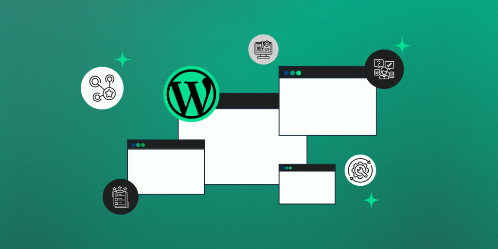 Illustration on a green background featuring the WordPress logo at the centre, surrounded by overlapping browser windows and circular icons. The icons represent various functionalities, including development, user experience, system integration, analytics, planning, and decision-making. Sparkles accentuate the image, giving it a modern and dynamic feel.